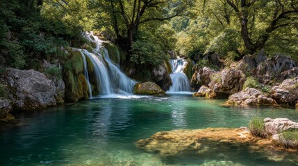 Serene cascade in lush forest setting with clear turquoise pool
