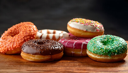 Variety Of Colorful Glazed And Sprinkled Donuts Arranged In Two Rows On A Wooden Surface Against A Dark Background Evoking Sweetness And Indulgence