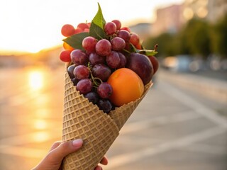 Hand holding a waffle cone filled with fresh grapes plums and apricot at sunset