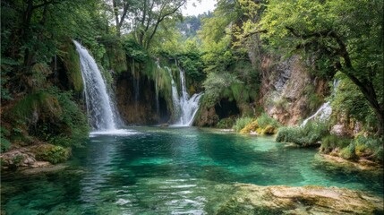 Serene waterfalls and lush greenery in tranquil natural oasis