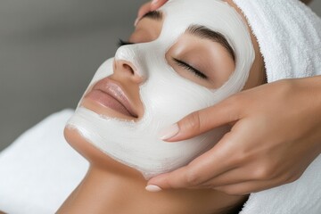 Woman beautician giving facial treatment to client in spa