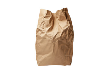 Crumpled kraft paper bag isolated on a transparent background for packaging concepts