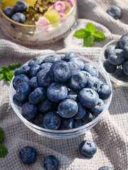 Fresh Blueberries in Glass Bowl with Mint on Rustic Wood Background - Healthy Organic Berry Duo