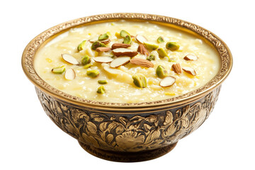 Creamy indian dessert garnished with nuts in ornate bowl on transparent background