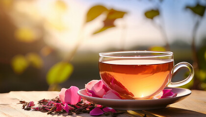 Tea Cup And Loose Leaf Tea With Rose Petals For Herbal Tea Drink And Wellness On A Sunny Day Outdoors