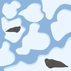 Winter. Vector illustration of walruses rest on ice floe swim the Arctic Ocean. Simple winter poster cover print. Navy seal laying on the ice. EPS 10