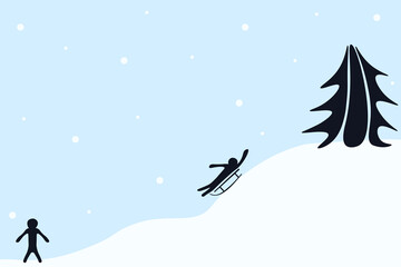 Fototapeta premium Winter activities. Vector illustration of simple kids silhouette on the sledge. Children sledding down a slide. Winter child games concept. EPS 10