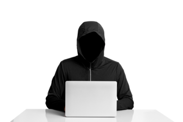 Faceless person in hoodie using laptop computer, isolated on white background, concept of hacking, cybercrime, data security, and digital technology