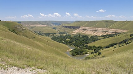 High-Angle View of a Valley with Winding River and Lush Grasslands