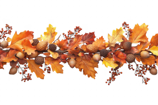 Decorative autumn foliage with oak leaves acorns and berries against a transparent background