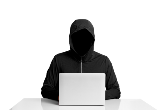 Faceless person in hoodie using laptop computer, isolated on white background, concept of hacking, cybercrime, data security, and digital technology