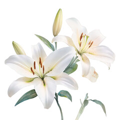 Soft watercolor art of delicate white lilies blooming gracefully with green stems and leaves transparent background