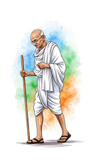 Watercolor vector illustration of Mahatma Gandhi walking Dandi March full body holding wooden stick colorful artistic design