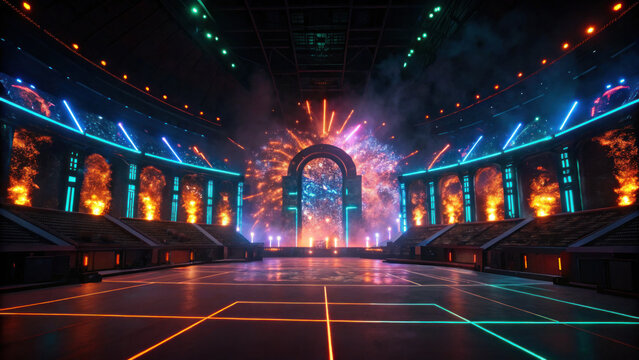 Futuristic gladiator arena with holographic displays, vibrant neon lights, and fiery effects creating intense and immersive atmosphere