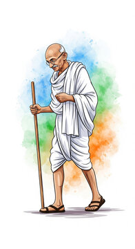 Watercolor vector illustration of Mahatma Gandhi walking Dandi March full body holding wooden stick colorful artistic design
