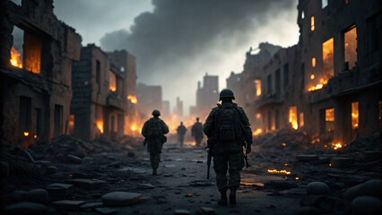 Fototapeta premium Soldiers advancing through war torn city engulfed in flames, with smoke rising and ruins surrounding them, creating tense and dramatic atmosphere
