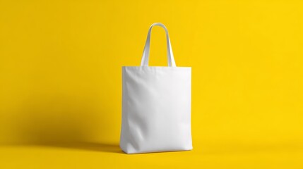 Blank white tote bag on vibrant yellow background