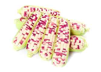 Fresh Multicolored Corn Ears with Purple White Pink Kernels on White Background