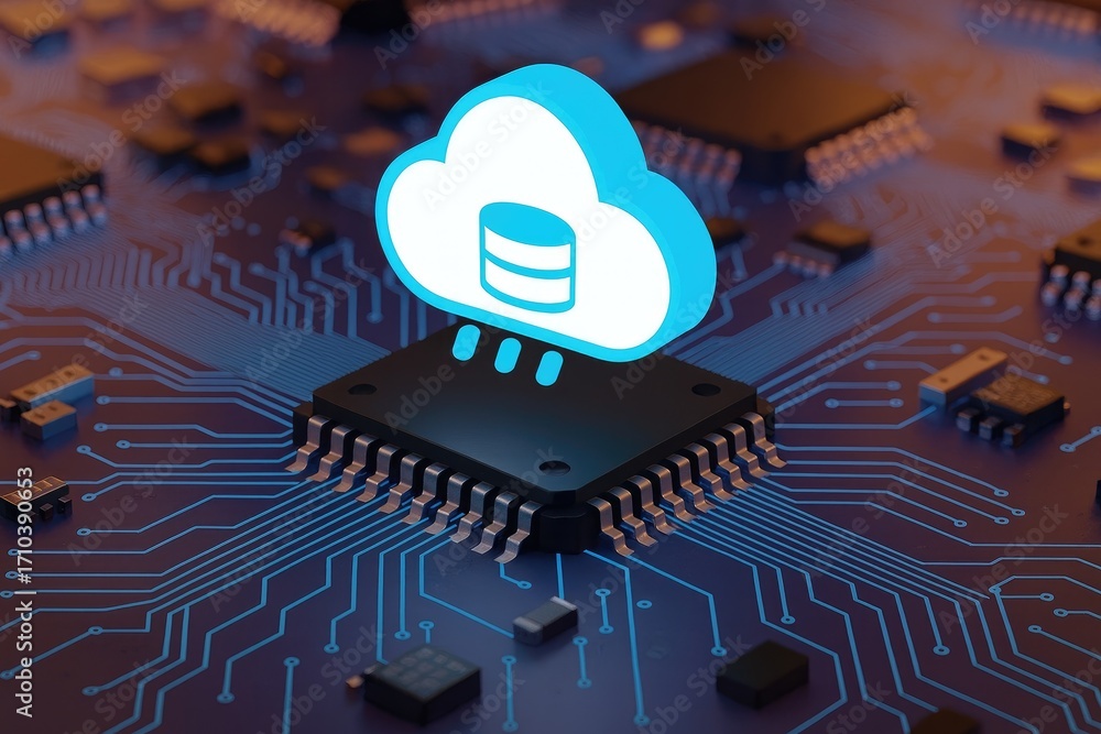 Poster glowing cloud database icon integrated with microchip on circuit board, ideal for it infrastructure,