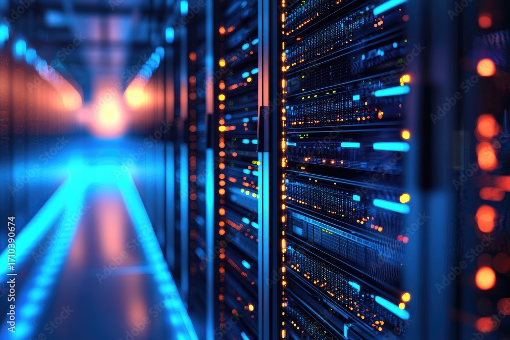 Poster advanced data center with glowing server racks and illuminated corridor, perfect for it infrastructu