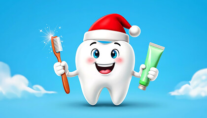 funny cartoon tooth in santa hat holding toothbrush and toothpaste on blue background