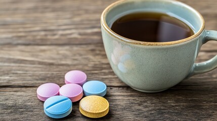 Serene Still Life: Pastel Pills and Tea on Rustic Wood