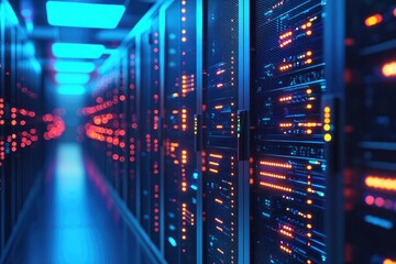 Naklejka premium High performance data center with glowing red and blue server racks in futuristic corridor, ideal for IT infrastructure, cloud Technology, and digital business operations