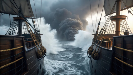 Dramatic scene of two wooden pirate ships sailing through rough seas with cannon smoke rising in distance, evoking tension and adventure
