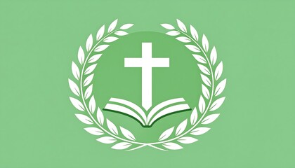 A simple, elegant design featuring a Christian cross and open book, encircled by a laurel wreath, set against a calming mint green backdrop.