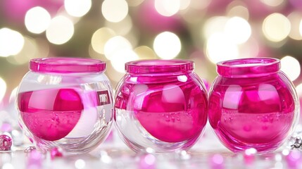 Three Glass Jars with Pink Liquid, Bokeh Background, Festive, Elegant, Close-up.