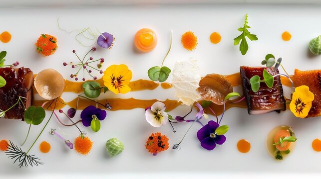 Fine dining fusion dish combining Japanese sushi French foie gras served with edible flowers luxury plating concept