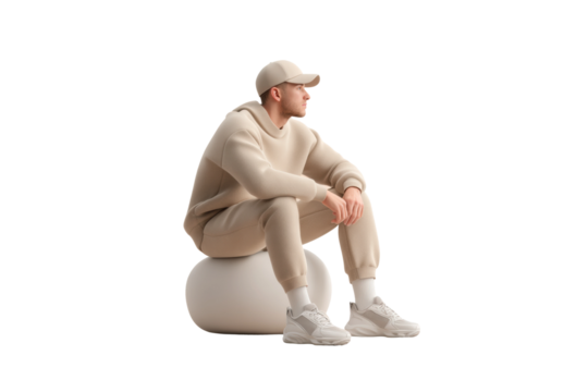 Young adult caucasian male in casual beige outfit sitting on sphere, cut out