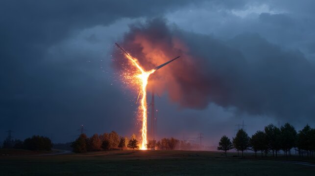 Lightning strikes wind turbine amid stormy sky - Powered by Adobe