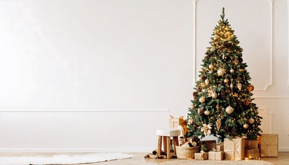 A grand Christmas tree stands tall in a stylish, minimalist interior, adorned with golden ornaments and warm brown accents.