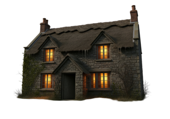 A quaint, stone cottage with a thatched roof, lit by warm, glowing windows, stands out against a dark background.