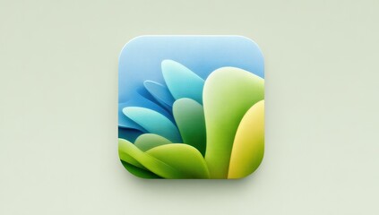 Square app icon; abstract floral design.  Soft, rounded shapes in light teal, lime, and pale yellow.  3D effect, light beige background