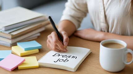 Woman planning dream job with sticky notes and coffee in office setting