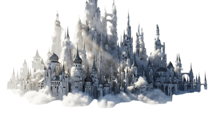 A breathtaking view of a majestic castle nestled amidst clouds isolated on transparent background, evoking a sense of fantasy, grandeur, and architectural marvel in a dreamlike composition