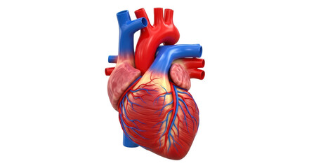Isolated human heart model, anatomical representation, medical illustration showing veins, arteries