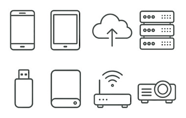 Outlined gray technology icons: smartphone, tablet, cloud, server, usb, hard drive, router, projector