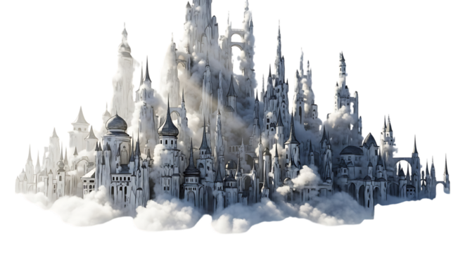 A breathtaking view of a majestic castle nestled amidst clouds isolated on transparent background, evoking a sense of fantasy, grandeur, and architectural marvel in a dreamlike composition