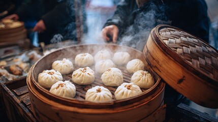 Freshly steamed nikuman pork buns fluffy white savory filling vendor opening wooden bamboo steamer steam rising beautifully Japanese winter street food vibe