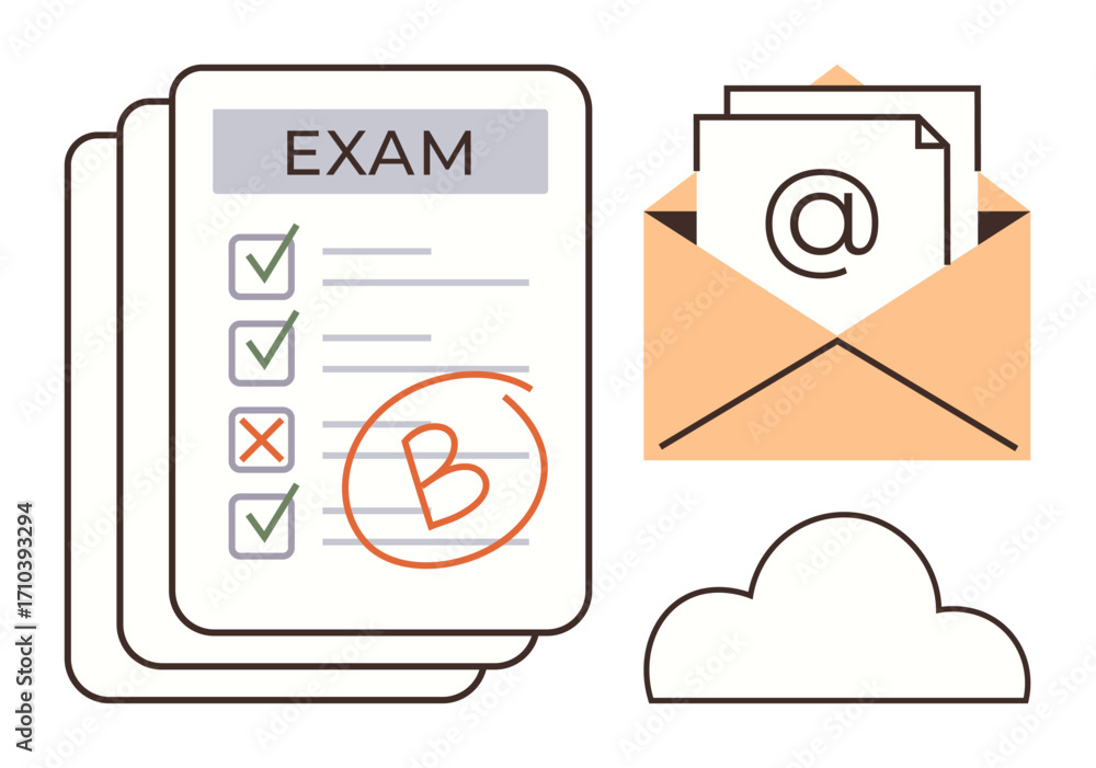 Poster graded exam papers with checkmarks, cross marks, and a b score next to an open email envelope and cl