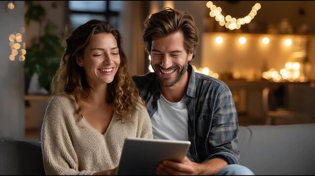 A couple enjoying quality time together, sharing laughter and warmth while using a tablet in a cozy, beautifully decorated setting.
