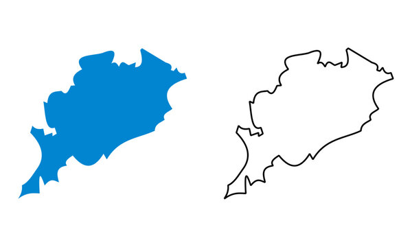 Map of the state of Odisha, India. Map with detailed outlines and blue silhouettes