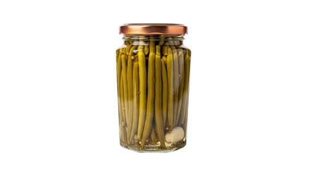 Isolated jar of pickled green beans, canned food or preserved vegetables and healthy eating