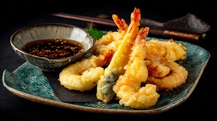 Golden crispy Japanese tempura shrimp vegetables on a traditional ceramic plate with dipping sauce clean background for high quality stock image