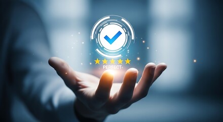 Businessman holding a glowing icon of a checkmark and five stars, representing quality assurance and excellent customer service