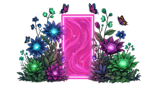 A magical portal framed by vibrant flowers and fluttering butterflies, set against a pink swirling background, creating a whimsical and enchanting scene, isolated on transparent background perfect for - Powered by Adobe