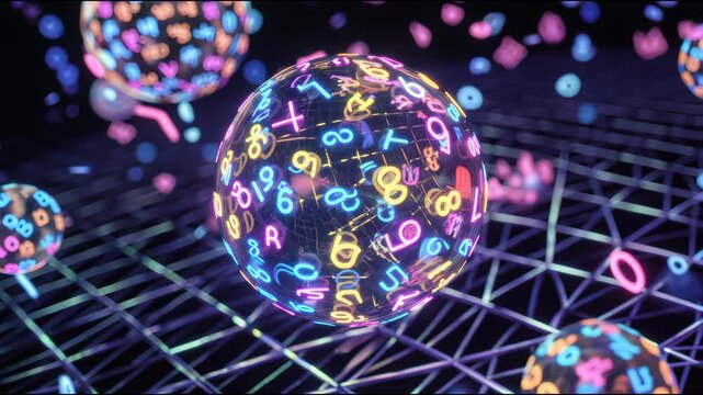 Abstract 3D digital sphere with floating numbers and neon symbols on futuristic grid background representing big data, artificial intelligence, machine learning, blockchain technology and advanced inf